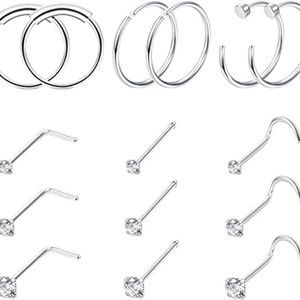 FINREZIO 15PCS 22G Surgical Steel Nose Rings Hoop Studs  Earrings Body  Piercing